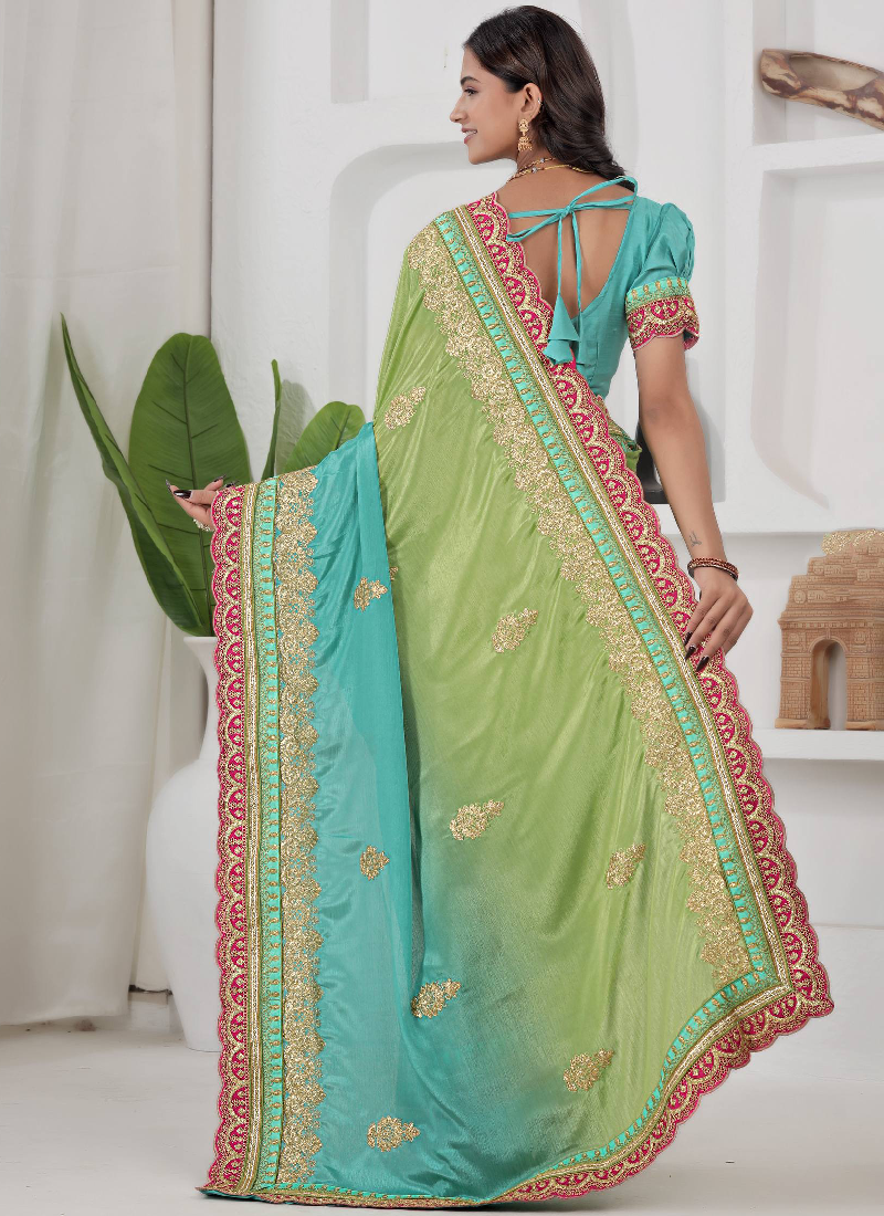 Chinon Silk Coding Work Parrot Green Wedding Wear Saree With Blouse