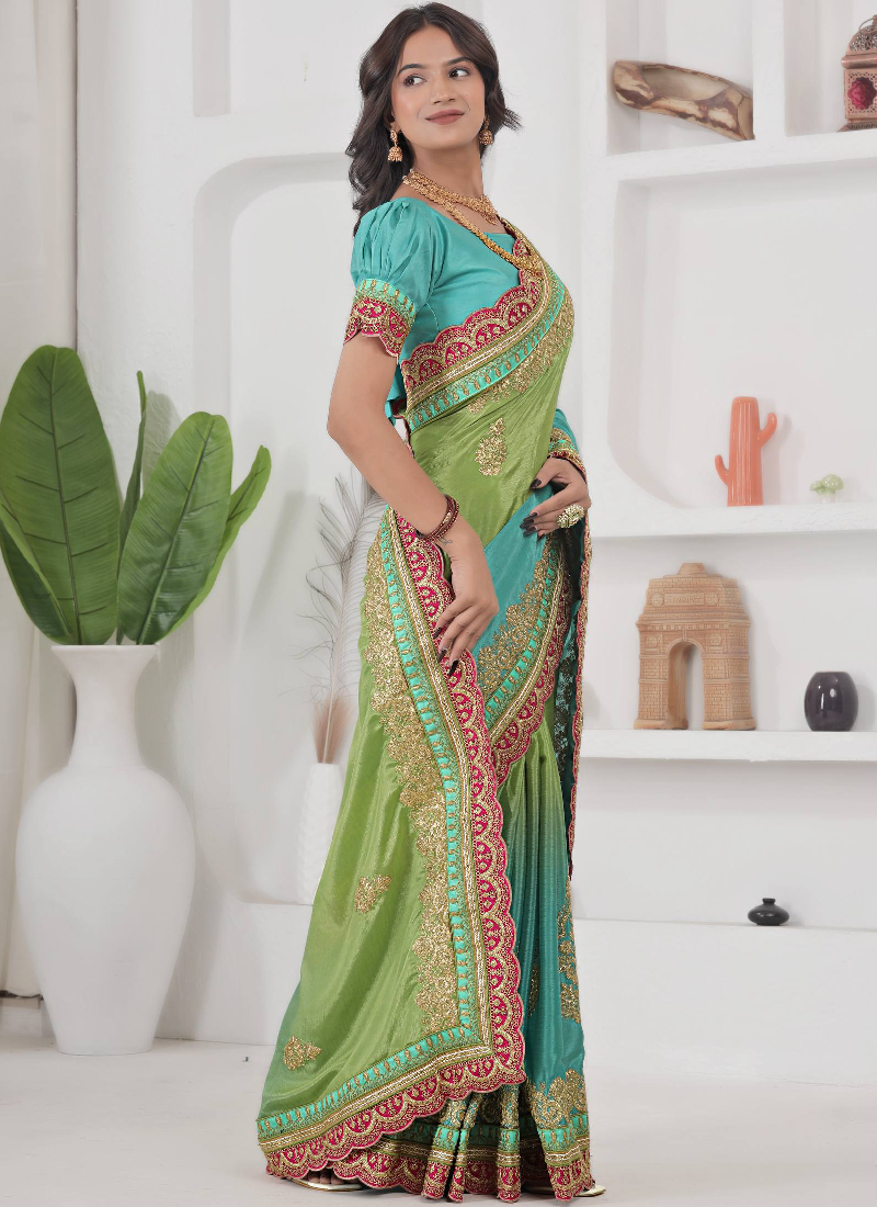 Chinon Silk Coding Work Parrot Green Wedding Wear Saree With Blouse
