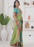 Chinon Silk Coding Work Parrot Green Wedding Wear Saree With Blouse