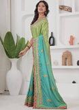 Chinon Silk Coding Work Parrot Green Wedding Wear Saree With Blouse