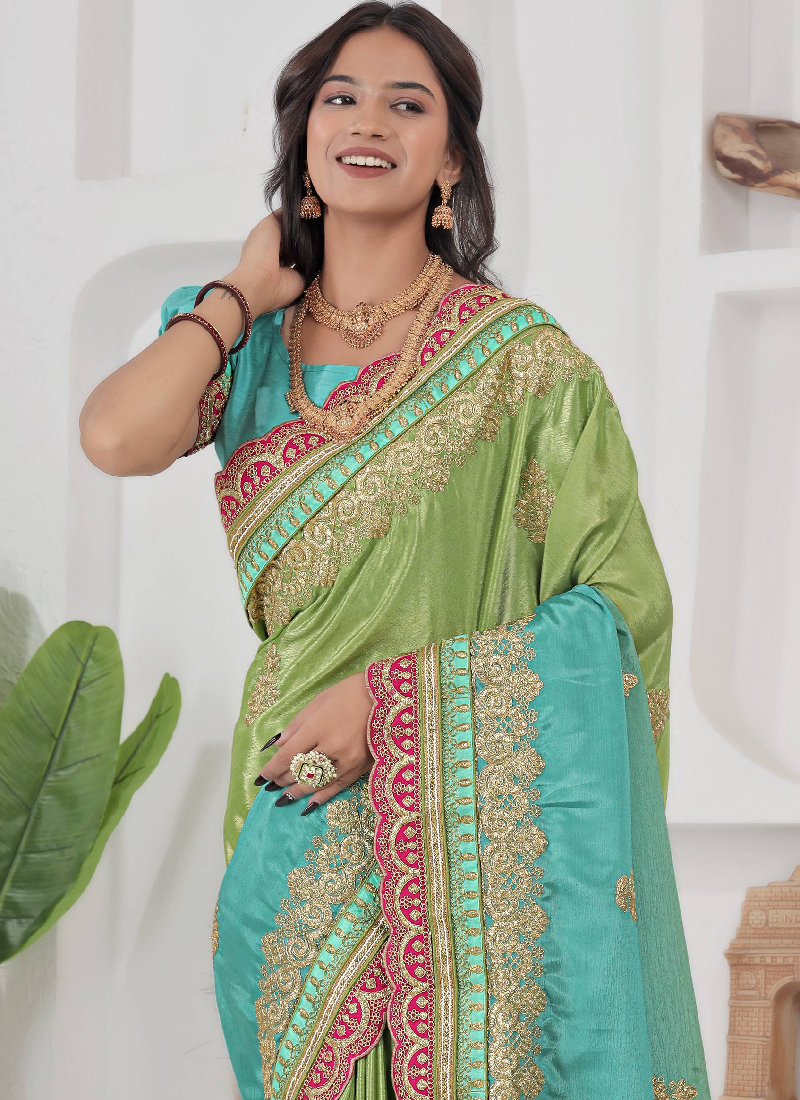 Chinon Silk Coding Work Parrot Green Wedding Wear Saree With Blouse