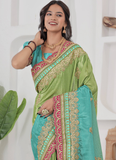 Chinon Silk Coding Work Parrot Green Wedding Wear Saree With Blouse