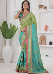 Chinon Silk Coding Work Parrot Green Wedding Wear Saree With Blouse