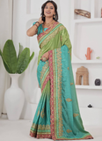 Chinon Silk Coding Work Parrot Green Wedding Wear Saree With Blouse