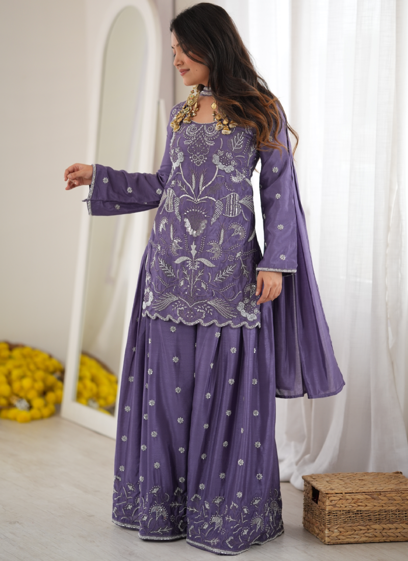 Chinon Silk Heavy Beads Sequence Work Purple Function Wear Salwar Suit
