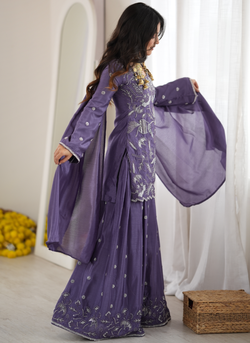 Chinon Silk Heavy Beads Sequence Work Purple Function Wear Salwar Suit