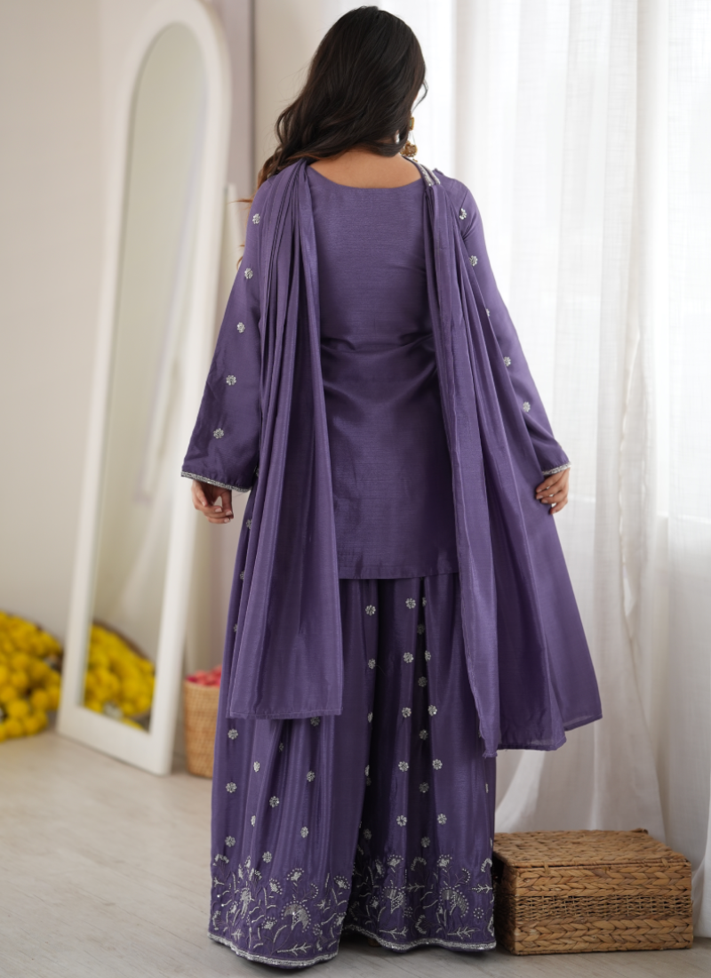 Chinon Silk Heavy Beads Sequence Work Purple Function Wear Salwar Suit