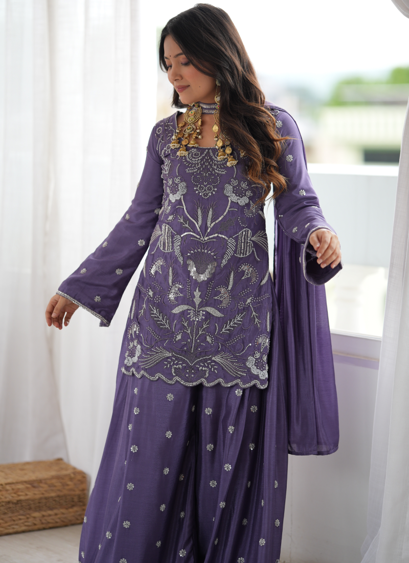 Chinon Silk Heavy Beads Sequence Work Purple Function Wear Salwar Suit