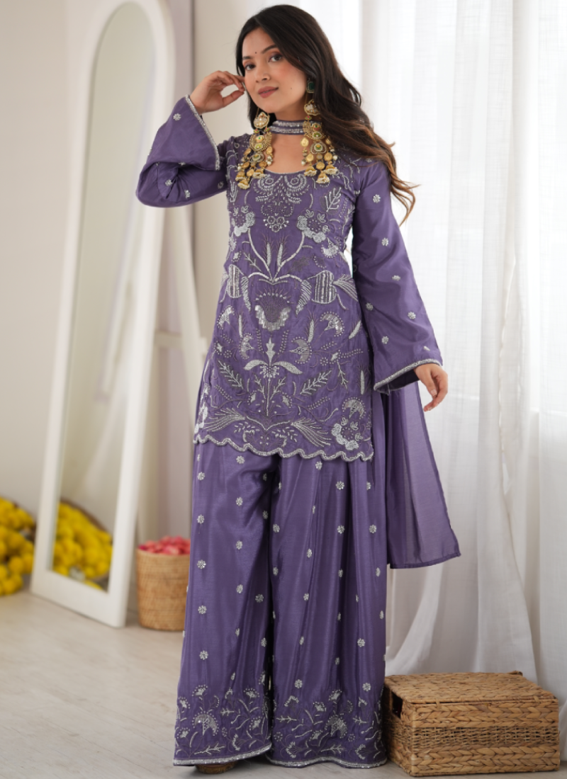 Chinon Silk Heavy Beads Sequence Work Purple Function Wear Salwar Suit