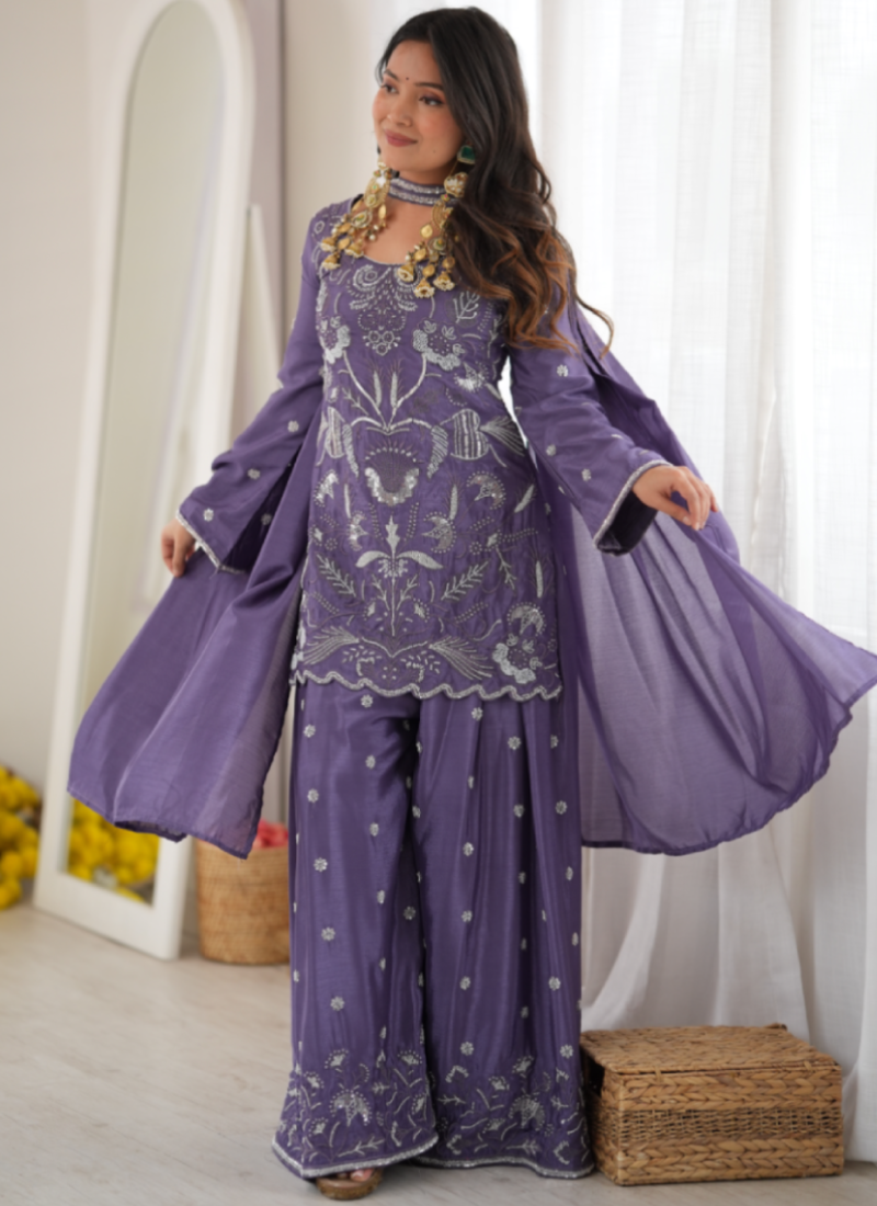 Chinon Silk Heavy Beads Sequence Work Purple Function Wear Salwar Suit