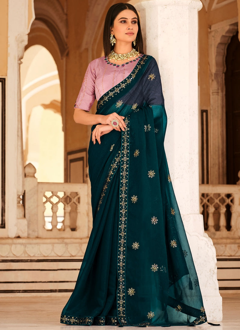Chinon Silk Sequence Embroidered Teal Blue Indian Wear Saree