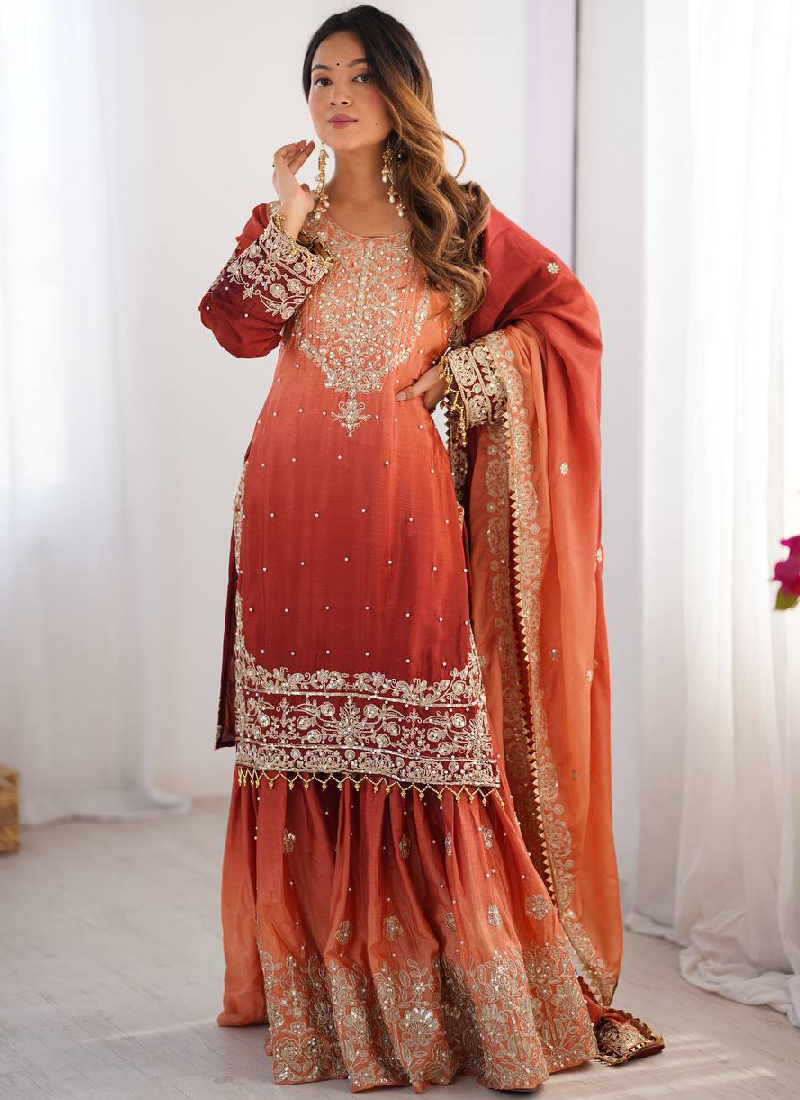 Chinon Silk Wedding Wear Shaded Embroidered Work Top With Bottom