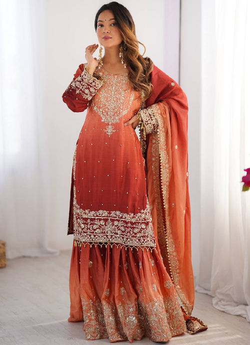 Chinon Silk Wedding Wear Shaded Embroidered Work Top With Bottom