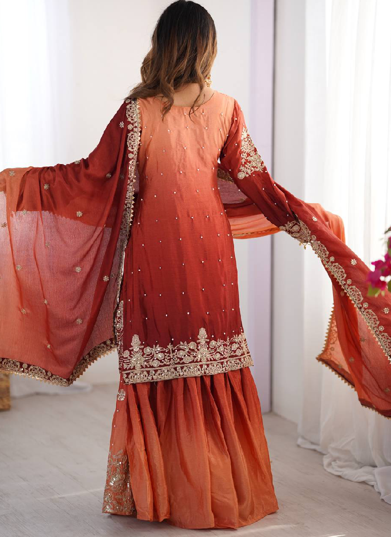 Chinon Silk Wedding Wear Shaded Embroidered Work Top With Bottom