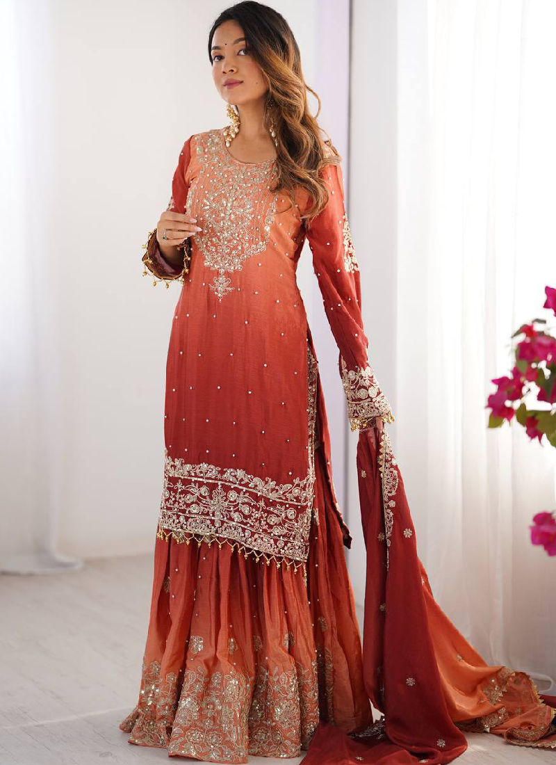 Chinon Silk Wedding Wear Shaded Embroidered Work Top With Bottom