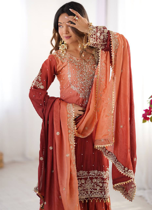 Chinon Silk Wedding Wear Shaded Embroidered Work Top With Bottom