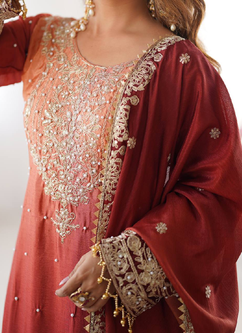 Chinon Silk Wedding Wear Shaded Embroidered Work Top With Bottom