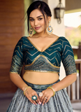 Chinon Silk Zari Embroidered Work Designer Teal Blue Lehenga Choli