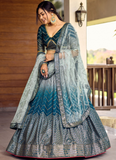 Chinon Silk Zari Embroidered Work Designer Teal Blue Lehenga Choli