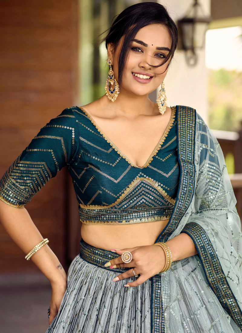 Chinon Silk Zari Embroidered Work Designer Teal Blue Lehenga Choli