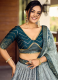 Chinon Silk Zari Embroidered Work Designer Teal Blue Lehenga Choli