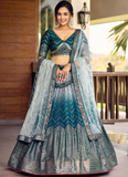 Chinon Silk Zari Embroidered Work Designer Teal Blue Lehenga Choli