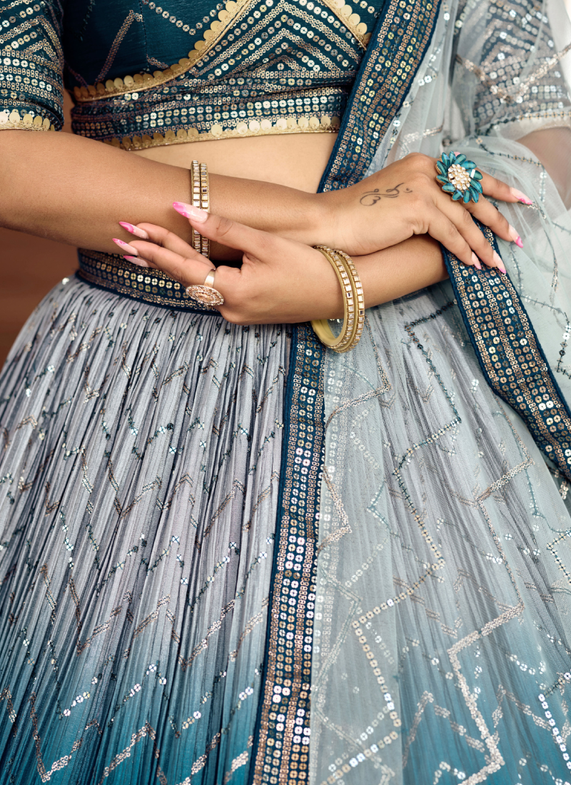 Chinon Silk Zari Embroidered Work Designer Teal Blue Lehenga Choli