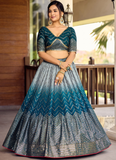 Chinon Silk Zari Embroidered Work Designer Teal Blue Lehenga Choli