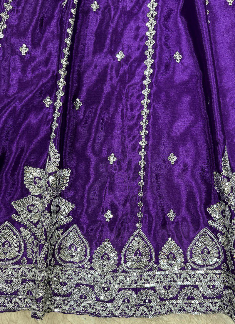 Chinon Silk Zari Sequence Work Purple Lehenga With Short Kurta Set