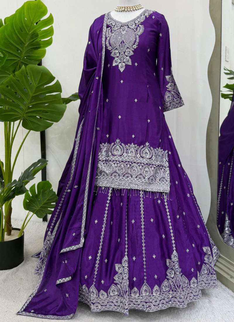 Chinon Silk Zari Sequence Work Purple Lehenga With Short Kurta Set