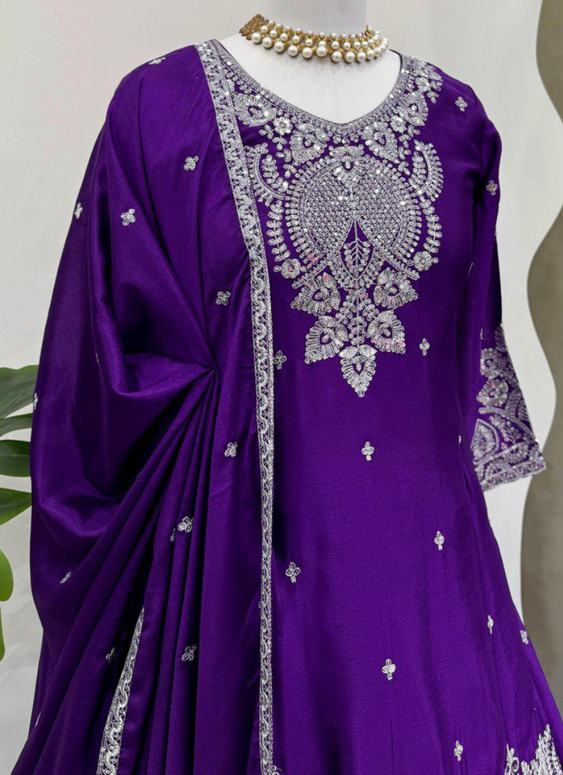 Chinon Silk Zari Sequence Work Purple Lehenga With Short Kurta Set
