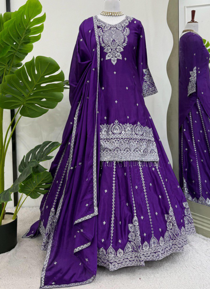 Chinon Silk Zari Sequence Work Purple Lehenga With Short Kurta Set