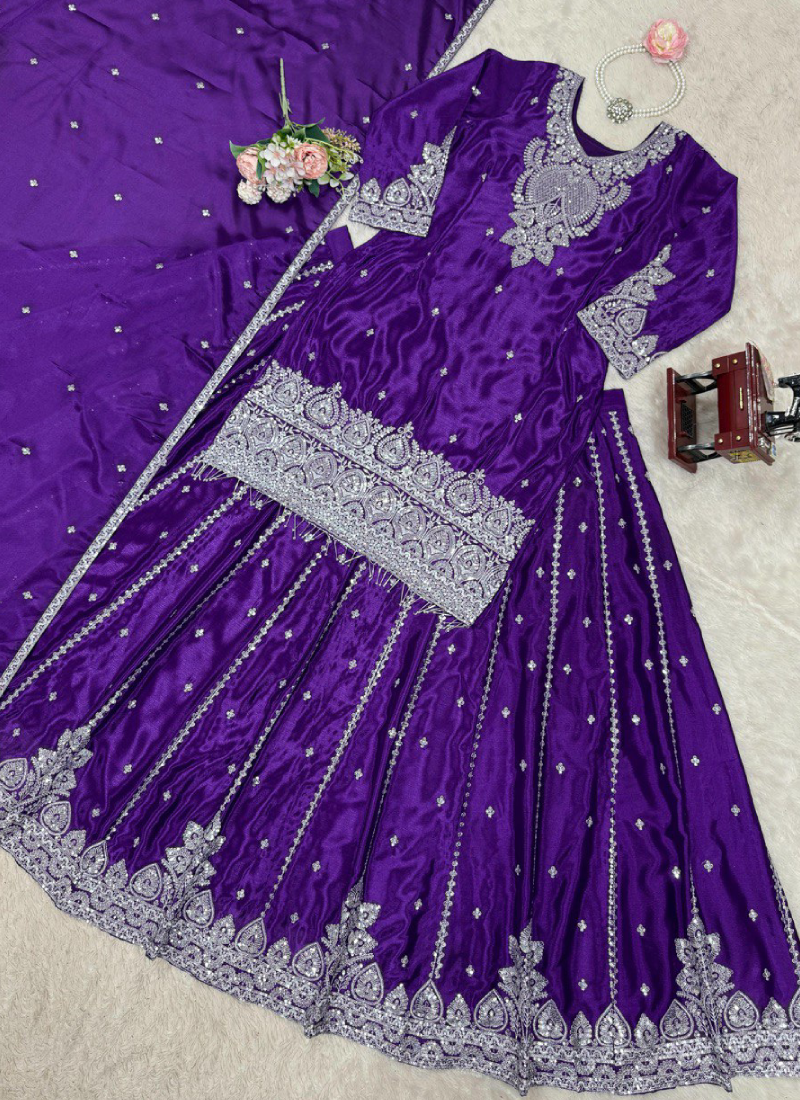 Chinon Silk Zari Sequence Work Purple Lehenga With Short Kurta Set