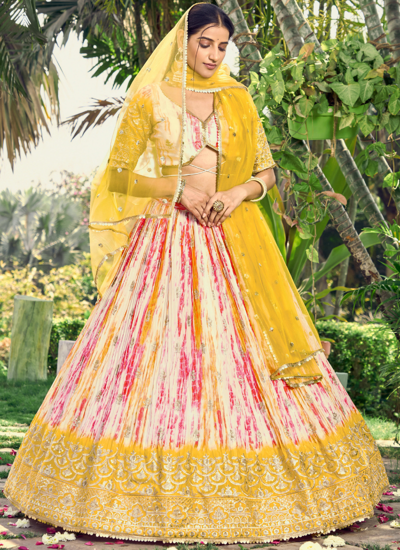 Chinon Zari Work Shibori Printed White And Yellow Haldi Lehenga Choli
