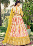 Chinon Zari Work Shibori Printed White And Yellow Haldi Lehenga Choli