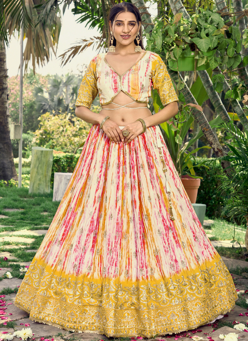 Chinon Zari Work Shibori Printed White And Yellow Haldi Lehenga Choli