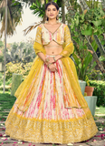 Chinon Zari Work Shibori Printed White And Yellow Haldi Lehenga Choli