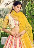 Chinon Zari Work Shibori Printed White And Yellow Haldi Lehenga Choli