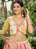 Chinon Zari Work Shibori Printed White And Yellow Haldi Lehenga Choli