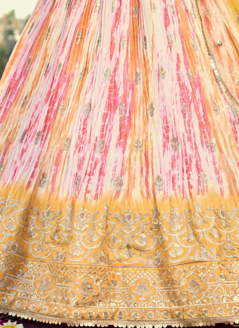 Chinon Zari Work Shibori Printed White And Yellow Haldi Lehenga Choli