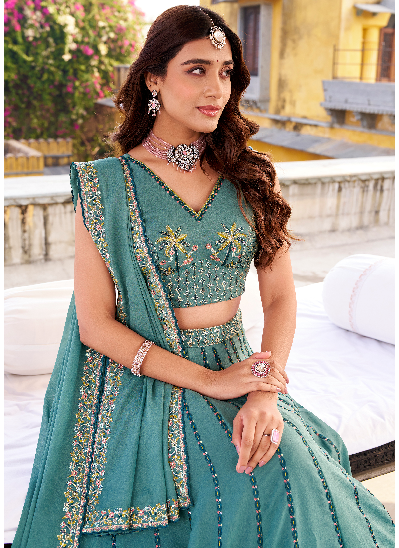 Chocolate Crush Thread Embroidered Sky Blue Lehenga Choli With Dupatta