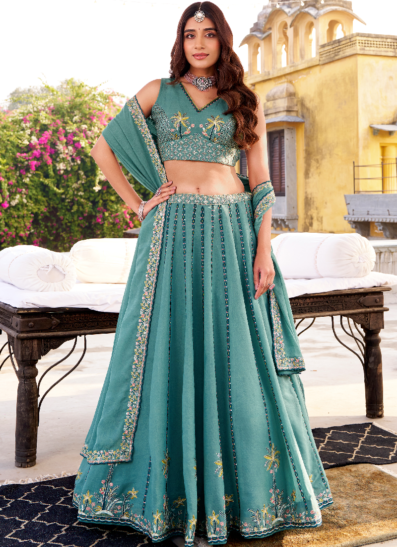 Chocolate Crush Thread Embroidered Sky Blue Lehenga Choli With Dupatta