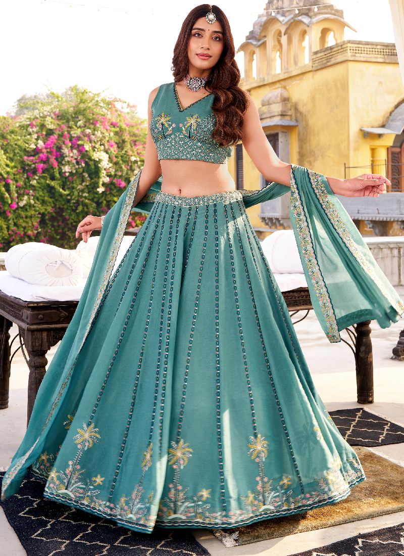 Chocolate Crush Thread Embroidered Sky Blue Lehenga Choli With Dupatta