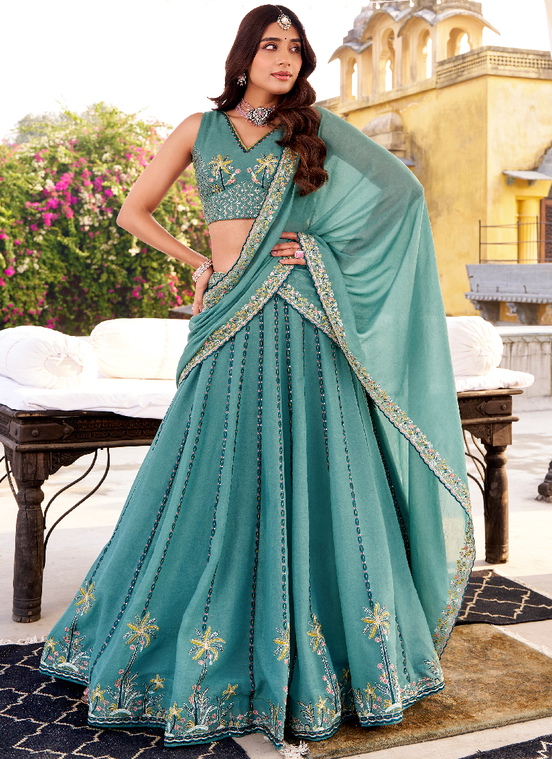 Chocolate Crush Thread Embroidered Sky Blue Lehenga Choli With Dupatta