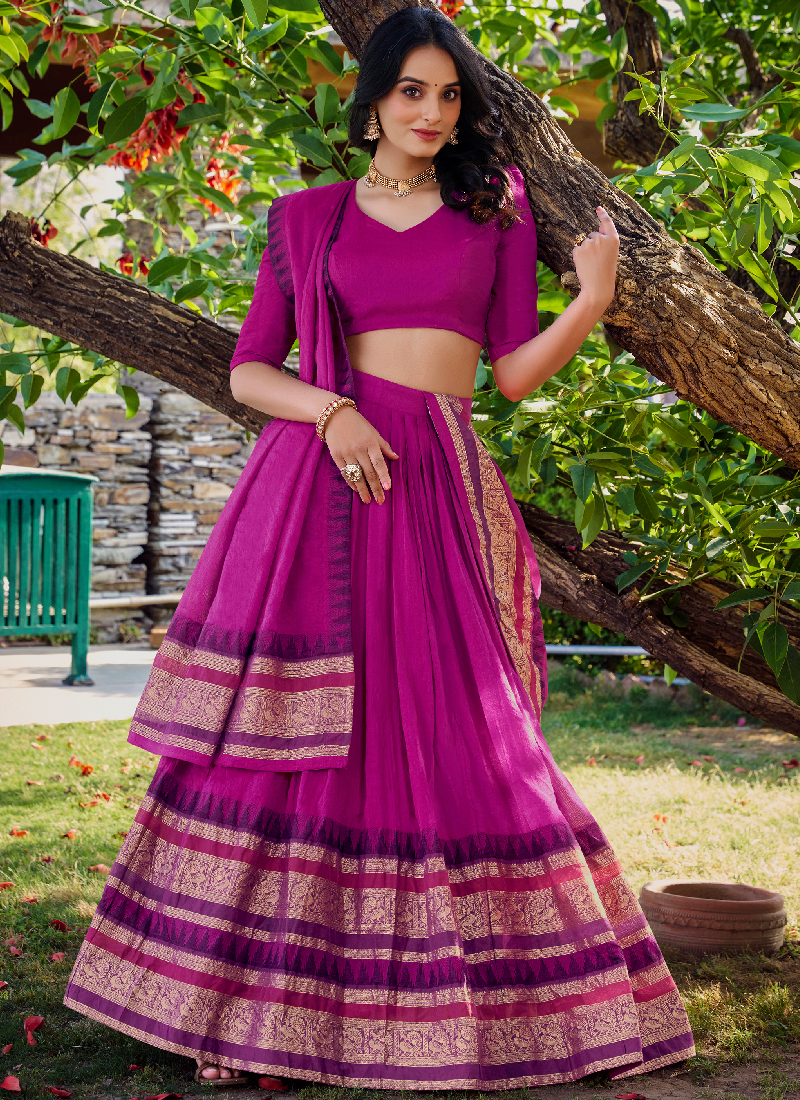Classic Pink Pure Chanderi Silk Zari Weaving Lehenga Choli For Wedding