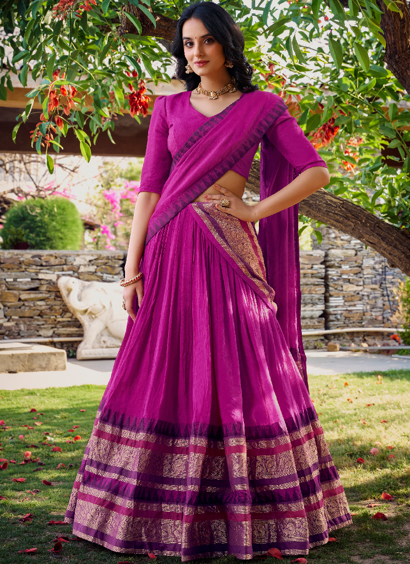 Classic Pink Pure Chanderi Silk Zari Weaving Lehenga Choli For Wedding