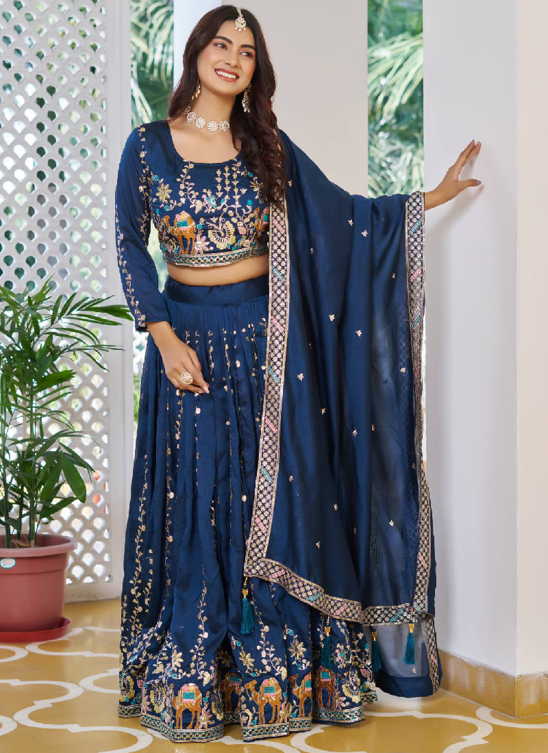 Classic Blue Vichitra Silk Thread Embroidery Work Wedding Wear Lehenga