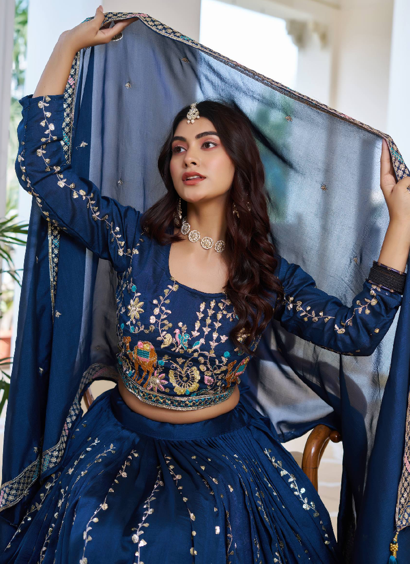 Classic Blue Vichitra Silk Thread Embroidery Work Wedding Wear Lehenga