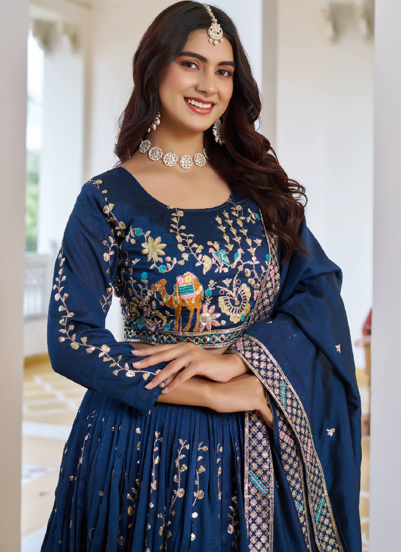 Classic Blue Vichitra Silk Thread Embroidery Work Wedding Wear Lehenga