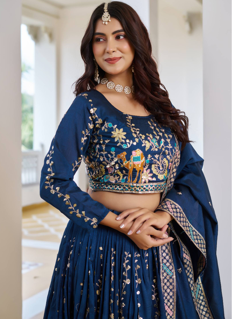 Classic Blue Vichitra Silk Thread Embroidery Work Wedding Wear Lehenga